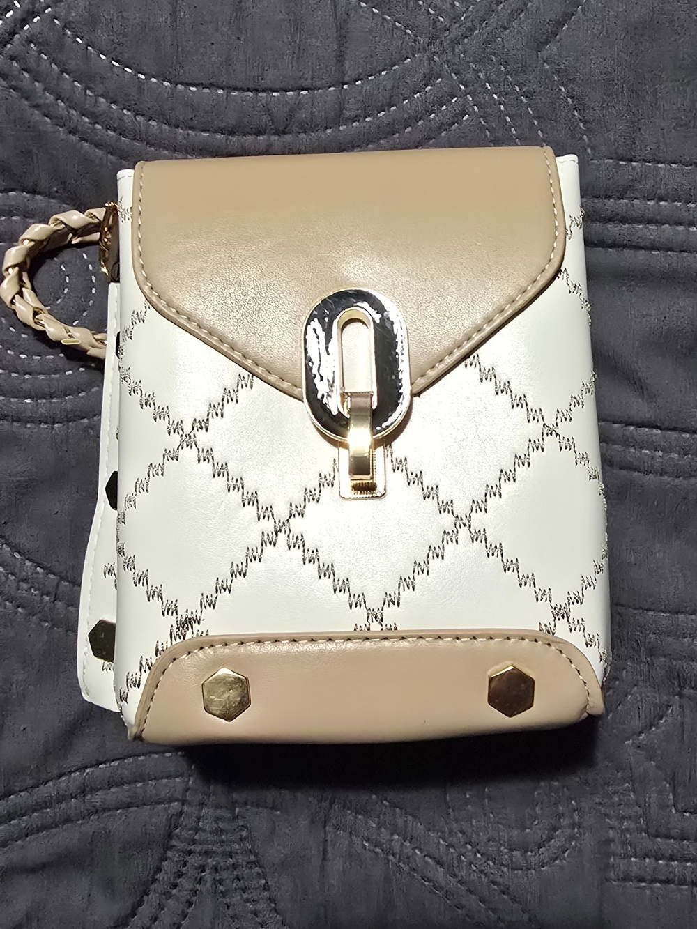 Beige & White Crossbody Phone Bag with Gold Hardware